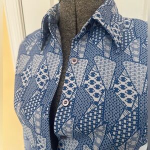Vintage 70s Talbott blue & white denim print button down shirt 10